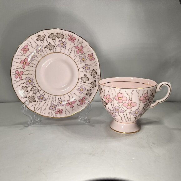 Vtg Tuscan Hand Painted Pink Floral Tea Cup Saucer English Pedestal Gold Trim - Picture 3 of 13